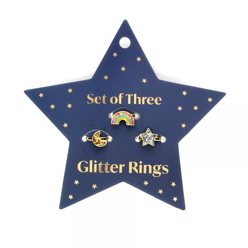 Set de 3 bagues pailletées - Etoile, lune et arc-en-ciel