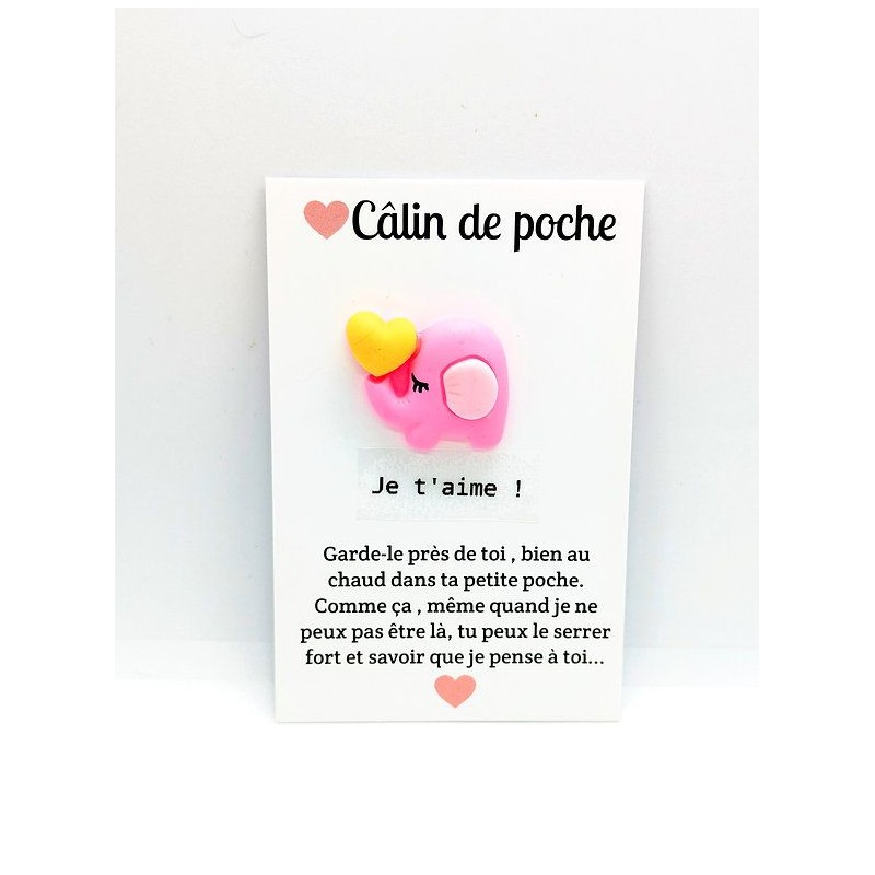 Carte Câlin de Poche - Eléphant rose "Je t'aime !"