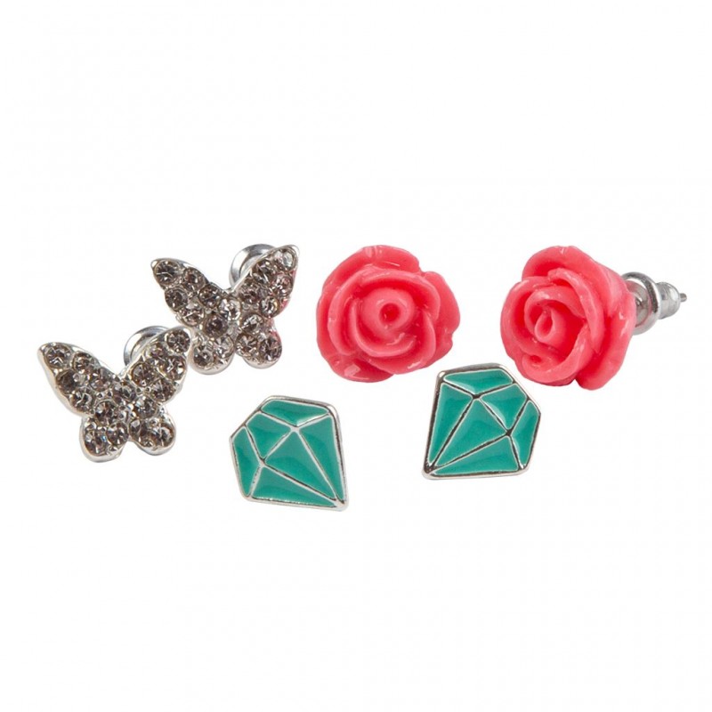 Set de 3 paires de boucles d'oreilles à clous - Fleurs, papillons et diamants