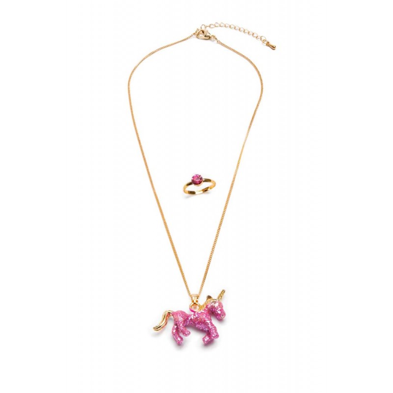 Ensemble collier et bague, Licorne rose pailleté