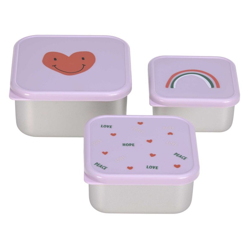 Lot de 3 boites à goûter inox - Happy Rascals coeur lavande