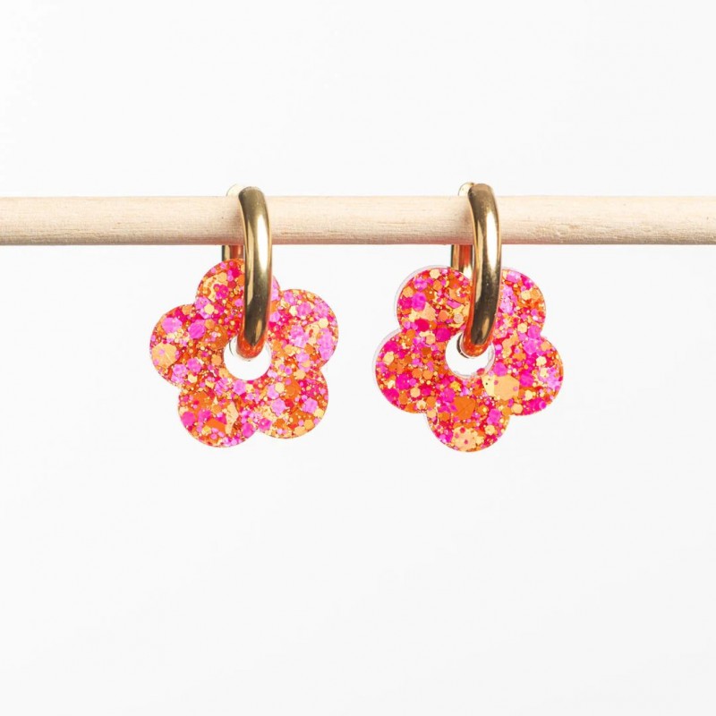 Boucles d'oreilles créoles Fleur - Fushia Orange Boucles d'oreilles créoles Fleur - Fushia Orange