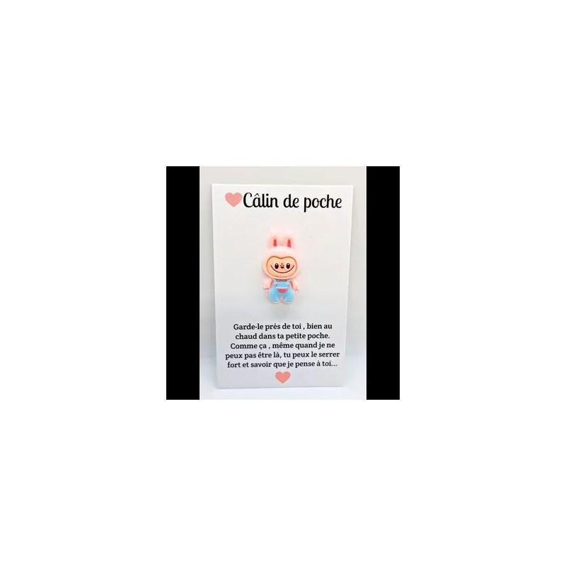 Carte Câlin de Poche - Labubu rose (salopette bleue) Carte Câlin de Poche - Labubu rose (salopette bleue)