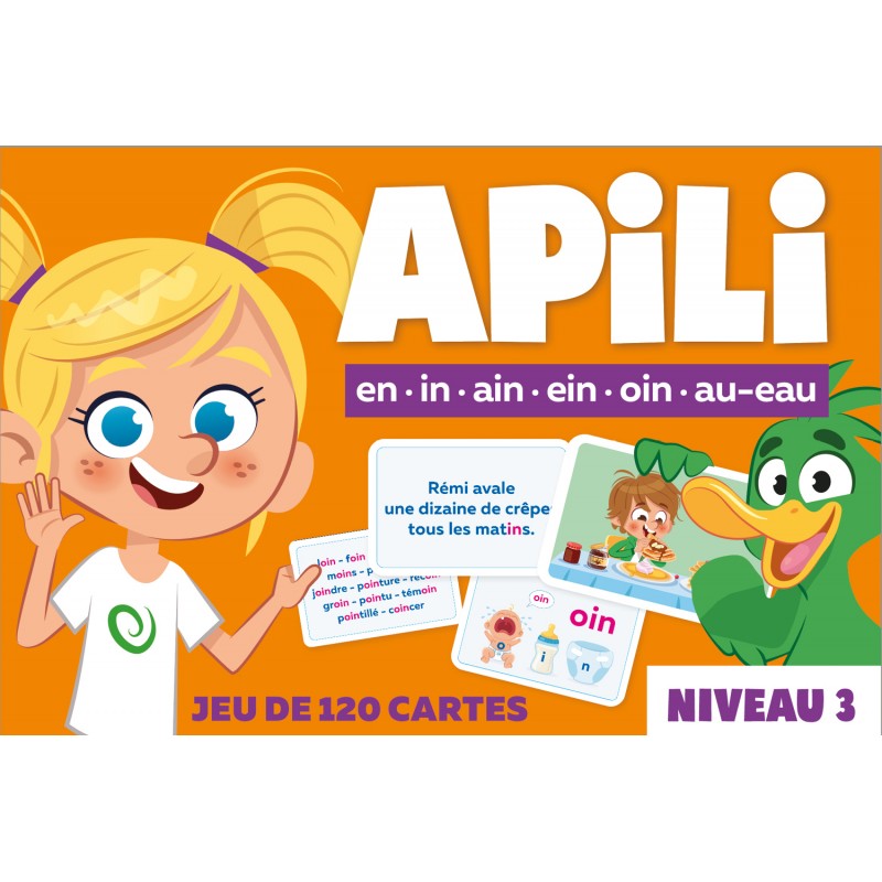 Apili - Jeu de 120 cartes - Niveau 3 : Les sons en, in, ain, ein, oin, au-eau Apili - Jeu de 120 cartes - Niveau 3 : Les sons en, in, ain, ein, oin, au-eau