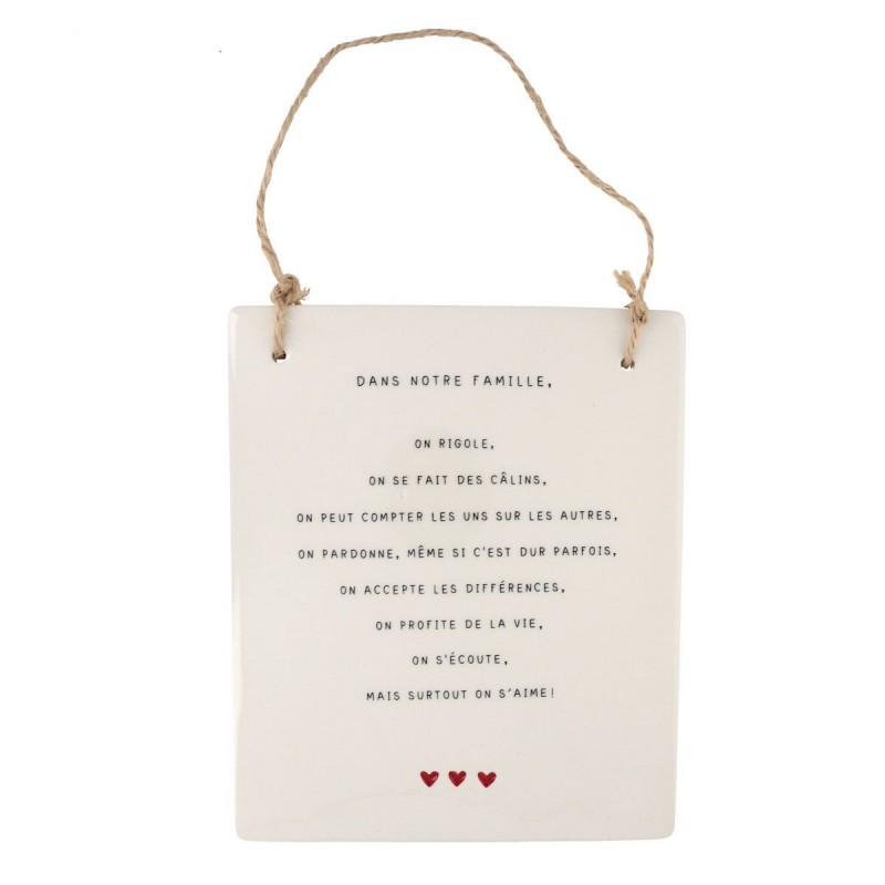 Plaque en céramique à accrocher "Notre famille" cœurs rouge