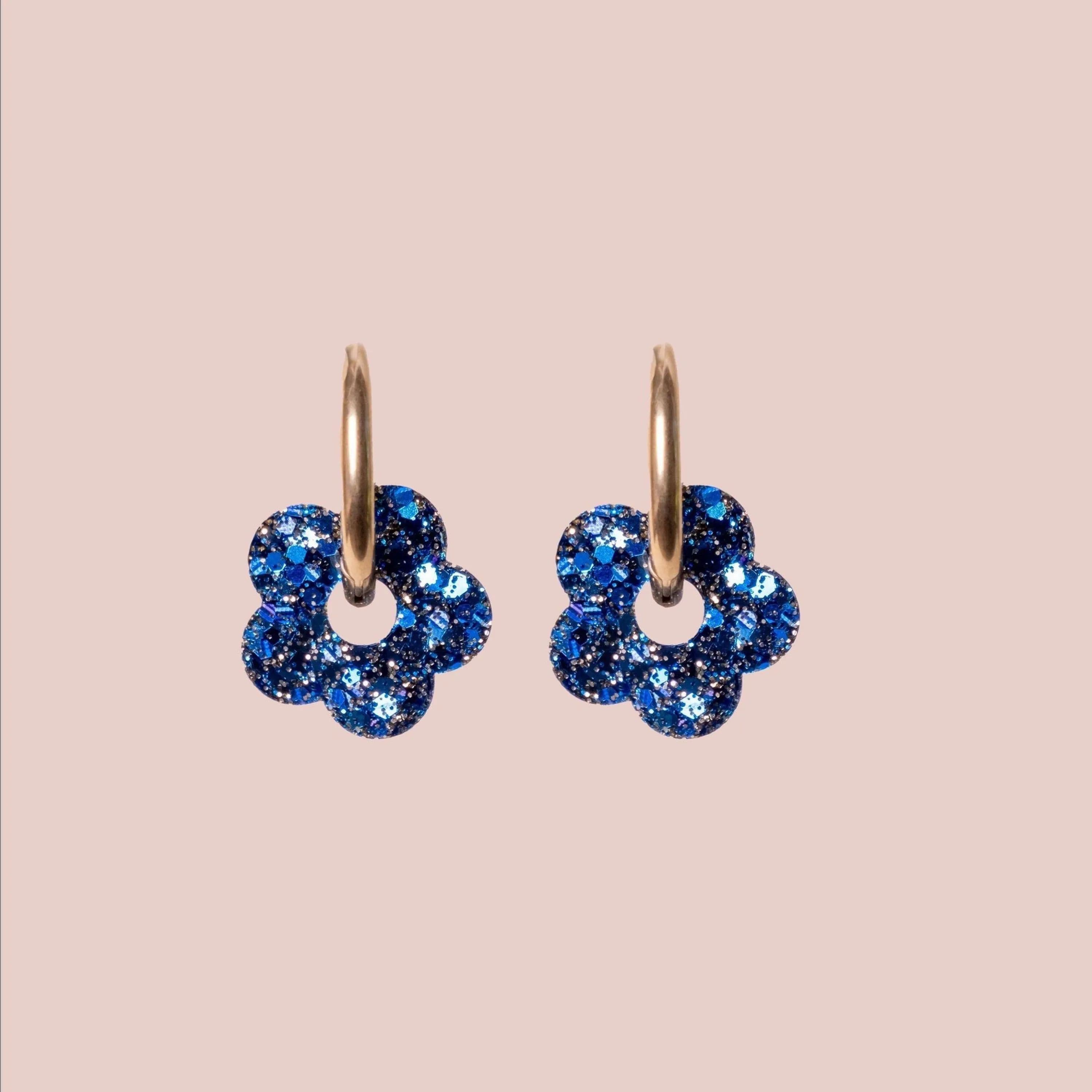 Boucles d'oreilles créoles mini Fleur - Mix bleu